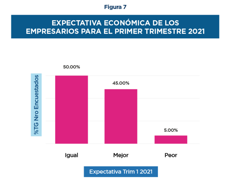 El gráfico Expectativa económica de los empresarios para el primer trimestre 2021 muestra que el 50% de los encuestados espera que la situación económica se mantenga igual, el 45% anticipa una mejora y solo el 5% prevé que empeore.