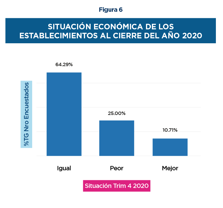 El gráfico titulado Situación económica de los establecimientos al cierre del año 2020 muestra que el 64.29% de los encuestados indicaron que su situación económica permaneció igual, el 25% reportó que empeoró, y el 10.71% indicó que mejoró en el último trimestre de 2020.