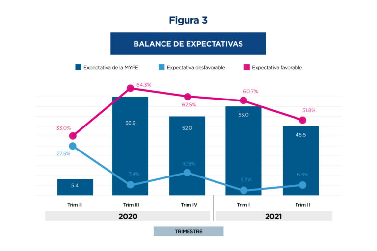 El gráfico muestra una mejora en las expectativas favorables de las MYPEs entre 2020 y 2021, alcanzando su punto máximo en el tercer trimestre de 2020 (64.3%). Sin embargo, hacia el segundo trimestre de 2021, las expectativas favorables disminuyen a 51.8%, mostrando una moderación en el optimismo. Las expectativas desfavorables se mantienen bajas durante este período.




