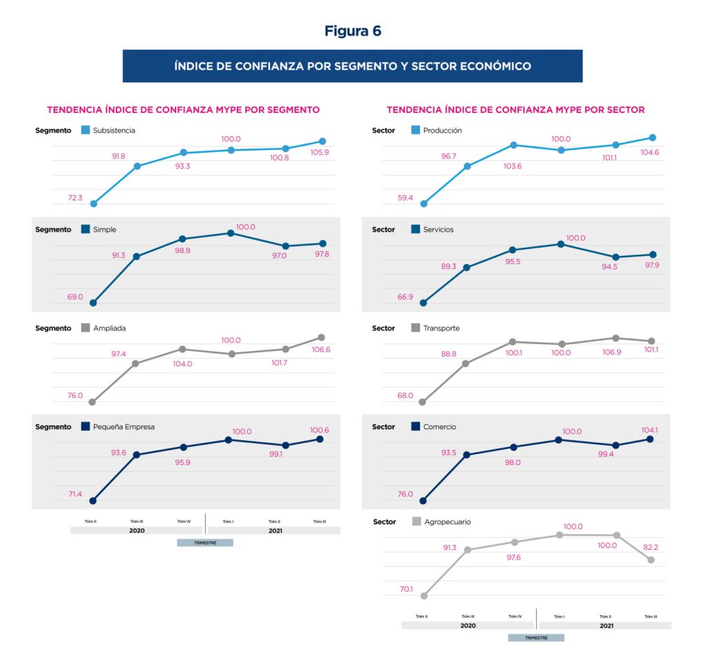 El gráfico revela un comportamiento positivo generalizado en la confianza de las MYPES, especialmente en los segmentos de subsistencia y ampliada, y en sectores como la producción, transporte y comercio, que muestran un crecimiento sostenido de confianza. Sin embargo, sectores como agropecuario y servicios experimentan variaciones más pronunciadas, con un descenso en los últimos trimestres de 2021.