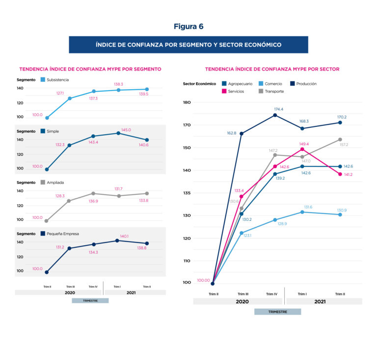 El gráfico muestra que las MYPEs en los sectores agropecuario y de producción tienen mayor confianza empresarial en 2021, con índices cercanos a 170 y 150, respectivamente. Los segmentos de subsistencia y simples también destacan por su crecimiento, mientras que los sectores servicios y transporte muestran una recuperación más moderada, con índices alrededor de 140.




