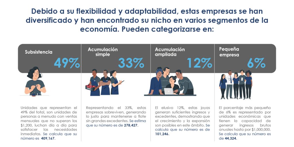 Gráfico que muestra la clasificación de las micro y pequeñas empresas (MYPEs) en El Salvador según su flexibilidad y adaptabilidad. Estas empresas se dividen en cuatro categorías:
Subsistencia (49%): Empresas con ventas mensuales menores a $1,200, cuyo número es 409,167.
Acumulación simple (33%): Empresas que sobreviven sin generar grandes excedentes, con 278,427 unidades.
Acumulación ampliada (12%): Empresas en crecimiento, con 101,246 unidades.
Pequeña empresa (6%): Empresas con ingresos anuales de hasta $1,000,000, con 44,324 unidades.