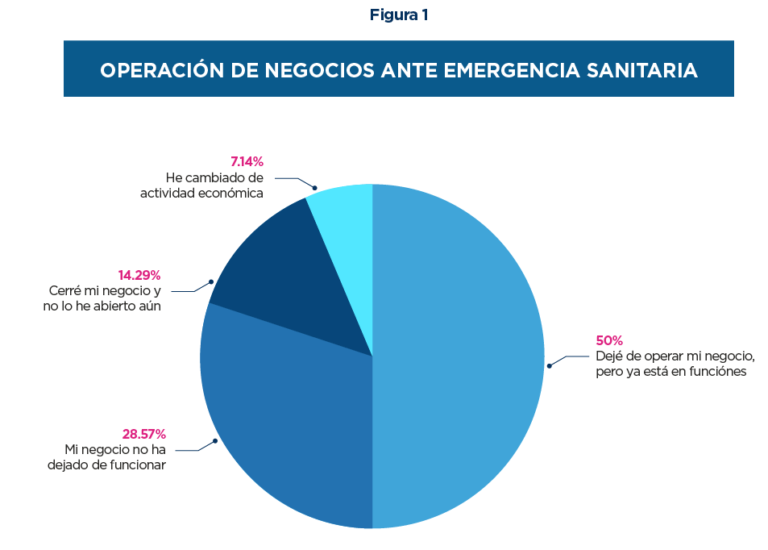 El gráfico titulado "Operación de negocios ante emergencia sanitaria" muestra la distribución porcentual de la situación de los negocios durante la emergencia sanitaria. El gráfico incluye cuatro categorías:

- El 50% de los negocios dejó de operar temporalmente, pero ya han retomado sus actividades.
- El 28.57% de los negocios no dejaron de funcionar en ningún momento.
- El 14.29% cerraron sus operaciones y no han vuelto a abrir.
- El 7.14% de los negocios ha cambiado de actividad económica.

El gráfico visualiza cómo las empresas se han visto afectadas y cómo han reaccionado ante la emergencia sanitaria.




