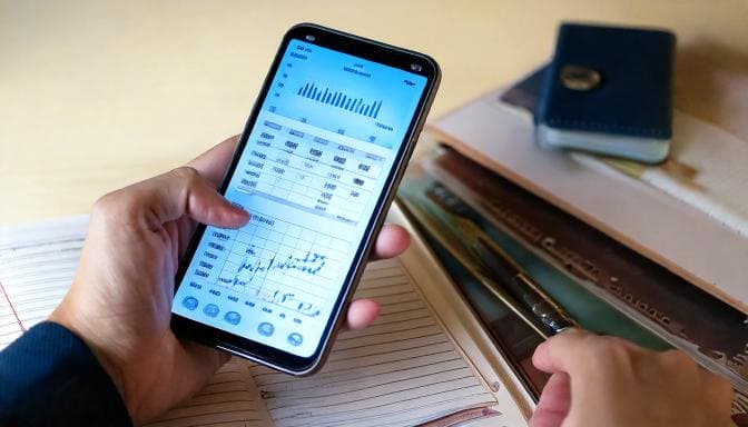 Mano sosteniendo un teléfono móvil que muestra gráficos financieros y tablas de datos en la pantalla. En el fondo, se observan cuadernos, un bolígrafo y una cartera, lo que sugiere un entorno de trabajo o estudio. La imagen refleja el uso de herramientas digitales para el análisis financiero