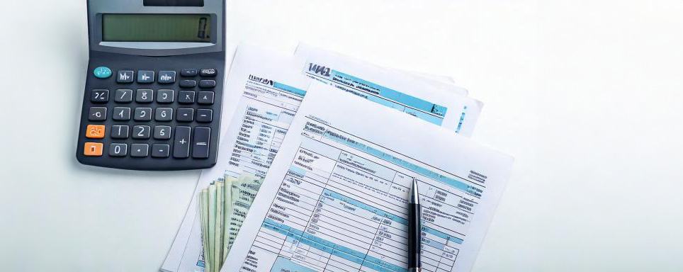 La imagen muestra una calculadora de escritorio junto a varios documentos bancarios o financieros sobre una superficie blanca. También se pueden observar billetes de dinero y un bolígrafo colocado sobre los documentos, lo que sugiere que se están revisando o calculando asuntos relacionados con finanzas, como facturas, extractos bancarios o balances. El escenario transmite un ambiente de trabajo administrativo o contable.