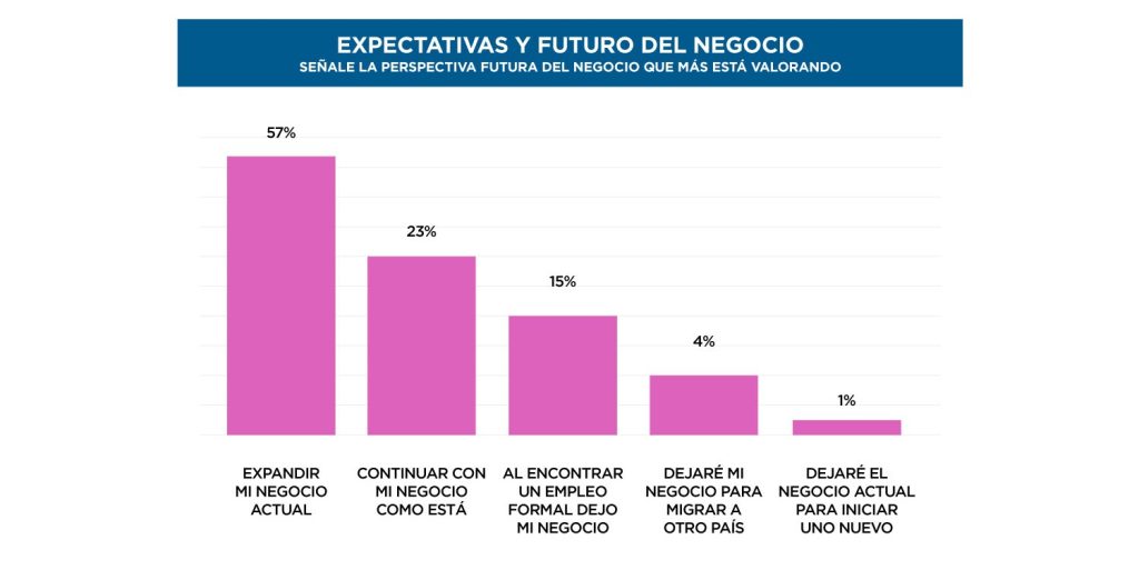 El gráfico muestra las expectativas de los empresarios sobre el futuro de sus negocios. El 57% planea expandir su negocio actual, el 23% continuará como está, el 15% lo dejaría al encontrar empleo formal, el 4% emigraría, y el 1% dejaría su negocio para iniciar uno nuevo.




