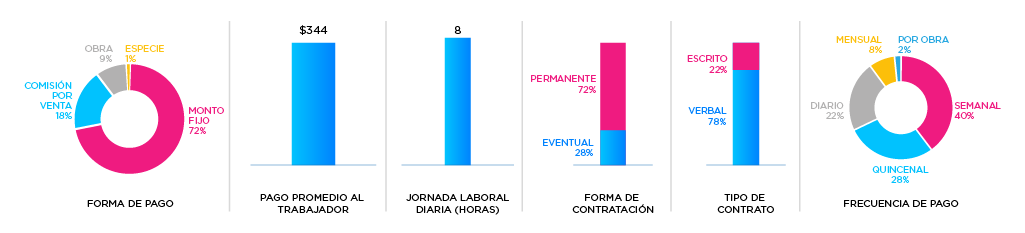 Gráficos con formas de pago y detalles de pago promedio, jornada laboral, forma de contratación, tipo de contrato y frecuencia de pago.