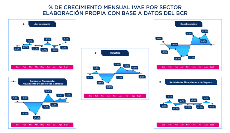 Gráfica del porcentaje de crecimiento mensual IVAE por sector, con base a datos del BCR.