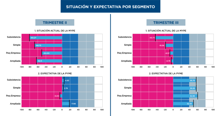 Gráfico comparativo entre trimestres II y III de la situación y expectativa según el segmento. Año 2020.