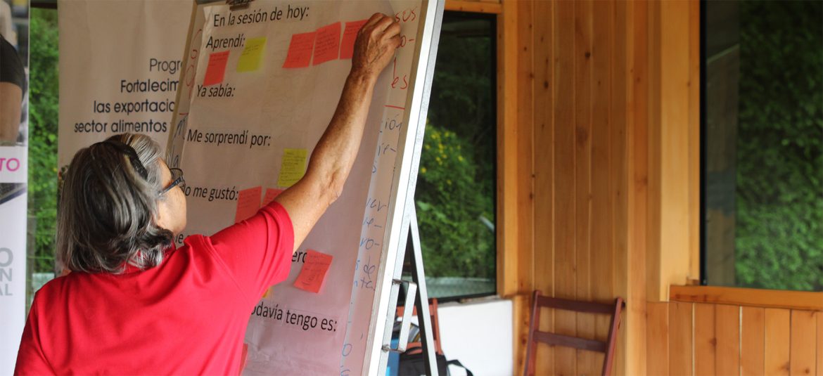 capsula-educativa Una mujer mayor, vestida con una camisa roja, coloca notas adhesivas de colores en un rotafolio donde se leen las frases "En la sesión de hoy: Aprendí", "Ya sabía", "Me sorprendí por" y "Lo que me gustó". El fondo de madera y las ventanas que muestran la vegetación exterior crean un ambiente acogedor y natural. Esta imagen representa un momento de reflexión y aprendizaje en una capacitación, destacando la importancia de la participación activa y el intercambio de conocimientos en un contexto educativo.