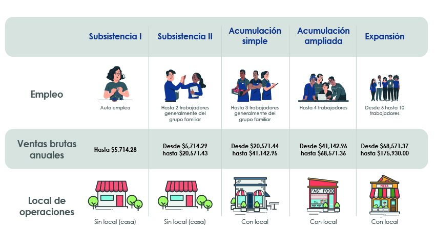 La imagen representa una tabla comparativa sobre la estructura de las microempresas, con una clasificación que va desde la subsistencia hasta la expansión. 