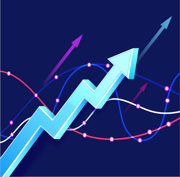 Gráfico abstracto en un fondo azul oscuro con líneas de colores que representan tendencias de datos. Destaca una flecha gruesa en zigzag de color azul claro que apunta hacia arriba, simbolizando crecimiento o éxito. También se observan líneas de diferentes colores y puntos conectados, lo cual sugiere análisis de datos o un aumento en métricas clave.