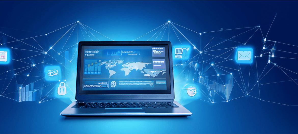 La imagen muestra una computadora portátil con gráficos y datos en la pantalla, destacando un mapa mundial y diferentes visualizaciones de información. Alrededor de la computadora, en un fondo azul, hay íconos iluminados que representan distintos aspectos de la tecnología digital, como seguridad (candado), correo electrónico, y comercio electrónico (carrito de compras). La escena sugiere un entorno conectado y tecnológico, subrayando la importancia de la digitalización y la transformación digital para las empresas, posiblemente enfocada en la adopción de tecnologías por las MYPES para mejorar sus procesos y alcance en el mercado.