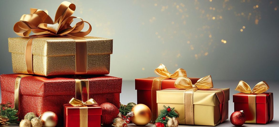 La imagen muestra una elegante disposición de regalos navideños envueltos en papel rojo y dorado, adornados con lazos dorados. Los paquetes están acompañados de decoraciones navideñas, como esferas y ramas de pino, creando una atmósfera festiva. El fondo tiene luces difusas que añaden un toque de calidez y celebración al conjunto.