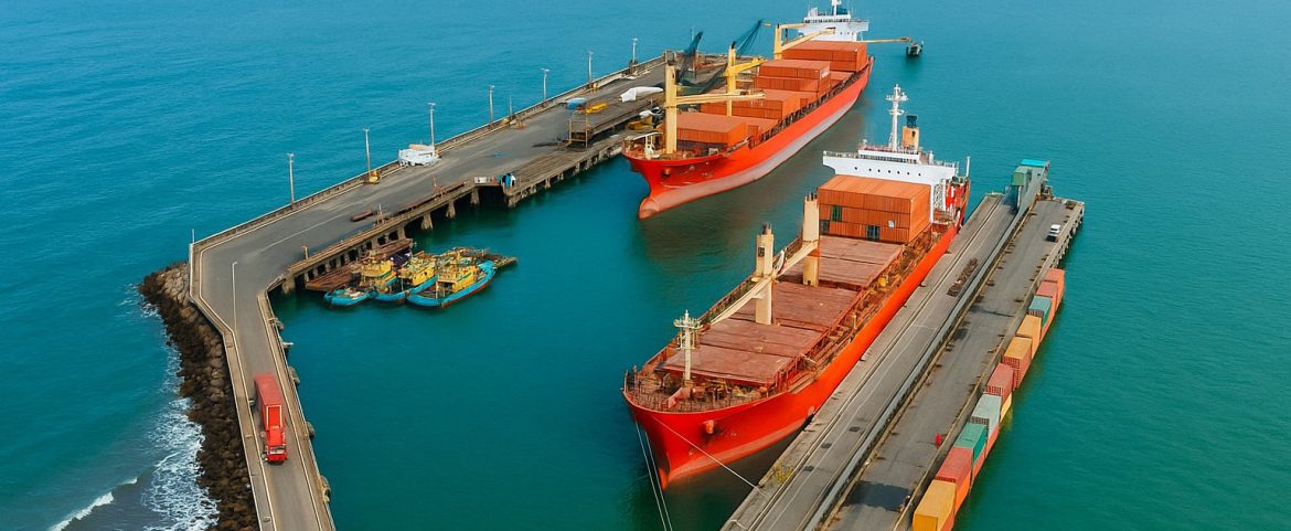 Vista aérea de un puerto marítimo con dos grandes buques de carga atracados, uno en cada muelle, transportando contenedores. En la parte inferior izquierda, se observan remolcadores amarillos y azules atracados junto al muelle. El agua es de color turquesa intenso y el cielo está despejado, transmitiendo una escena tranquila y organizada del comercio marítimo.
