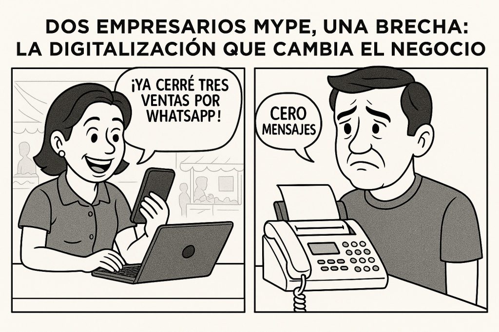 Caricatura en blanco y negro que muestra a dos empresarios MYPE. A la izquierda, una mujer sonriente con laptop y celular dice “¡Ya cerré tres ventas por WhatsApp!”. A la derecha, un hombre triste observa un fax con la hoja impresa que dice “Cero mensajes”. El título indica: “Dos empresarios MYPE, una brecha: la digitalización que cambia el negocio”. La imagen ilustra la diferencia entre emprendedores digitalizados y quienes aún usan métodos tradicionales.