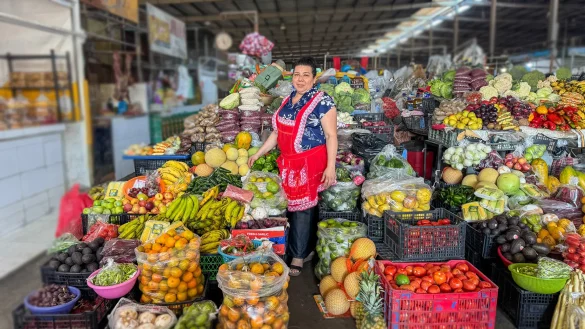 Microempresaria atiende puesto de frutas y verduras en mercado local, reflejando comercio informal y emprendimiento MYPE en El Salvador