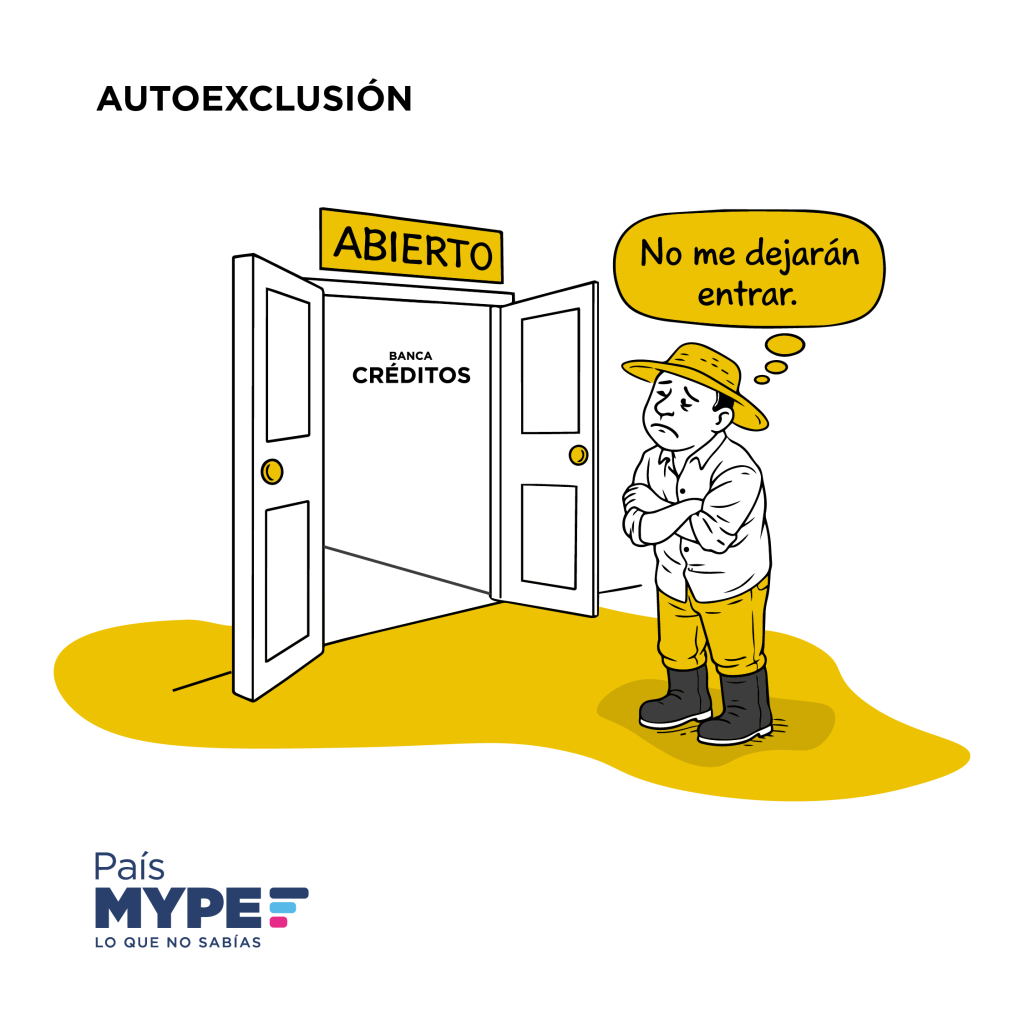 Ilustración sobre autoexclusión financiera: productor observa una puerta abierta de créditos bancarios pensando que no le permitirán entrar