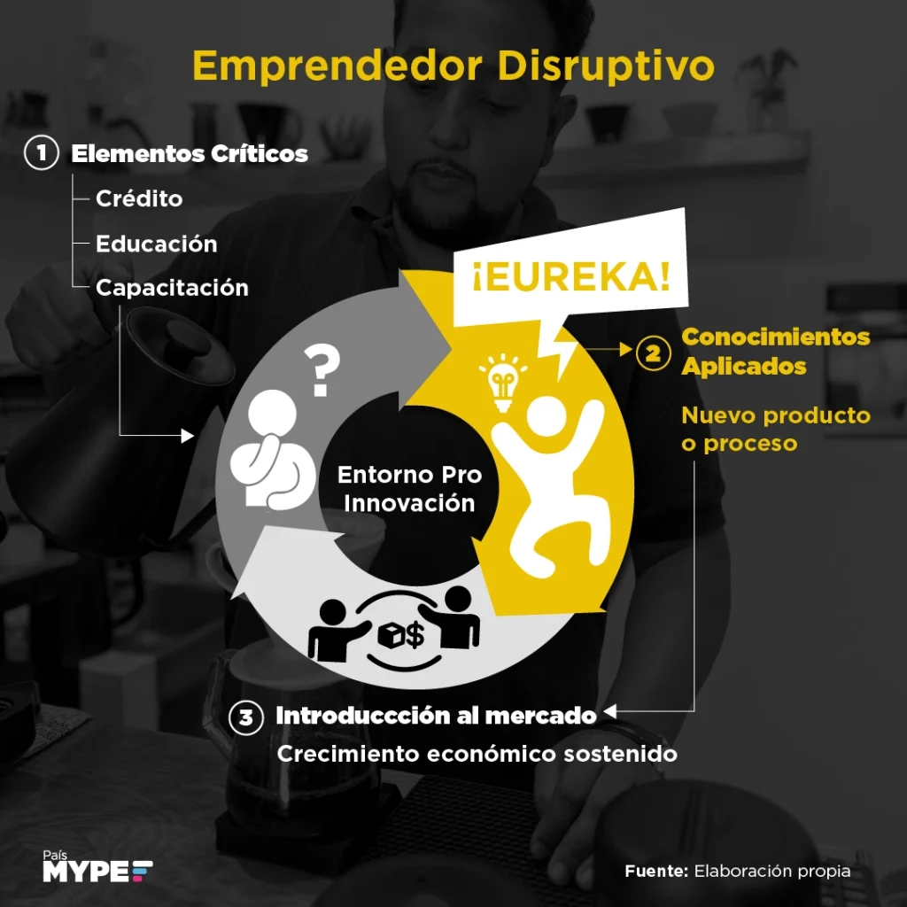 Infografía sobre el ciclo del emprendedor disruptivo: crédito, educación y capacitación que se transforman en innovación y nuevos productos en el mercado