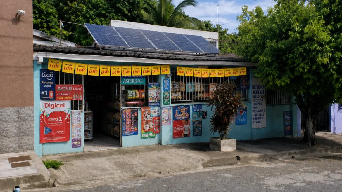 Tienda de colonia con paneles solares en techo, refleja crédito verde y sostenibilidad energética para mipymes en El Salvador